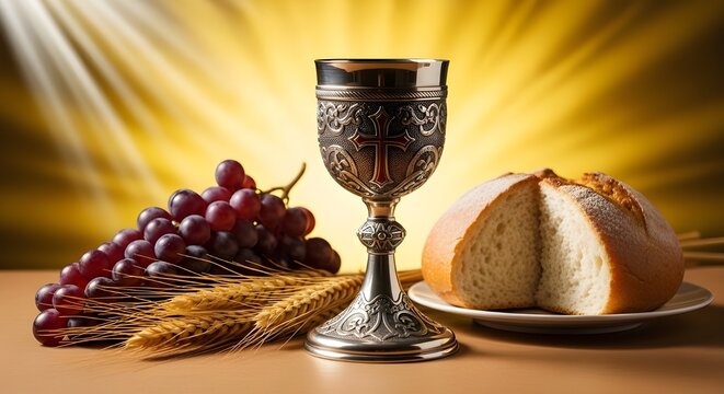 Still life with eucharistic elements a golden chalice bread grapes and wheat representing holy communion