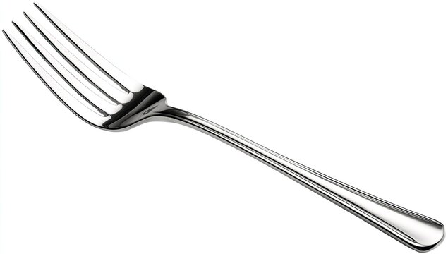 A gleaming, polished metal fork with four pointed tines and a slender, curved handle