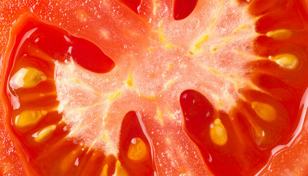 Macro shot of ripe tomato pulp texture extreme detail