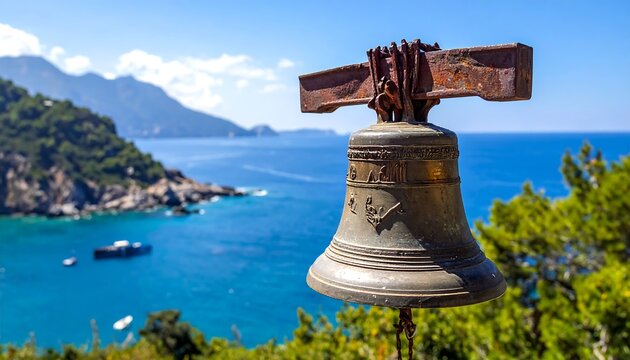 Rusted bell overlooks turquoise sea with greenery, boats, and mountains in distance on sunny day under clear blue sky