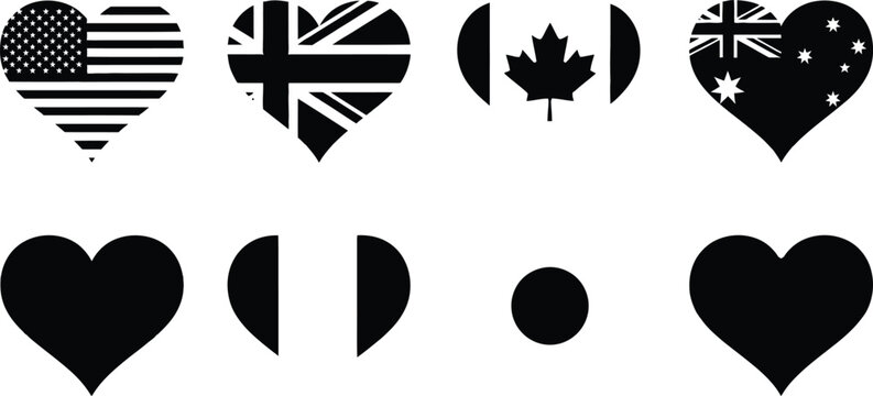 Heart shaped flag icon set diverse national symbols in a modern minimalist vector design for global connection
