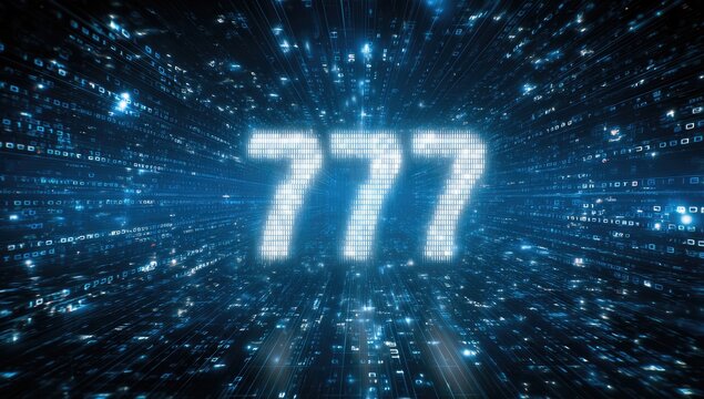 Glowing 777 digits emerge from a digital blue matrix