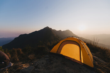 Camping tent high in the mountains. Hiking tour or wild camping and travel concept © nikomsolftwaer