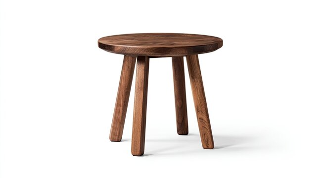 A small, round, dark wood stool with three tapering legs against a white background