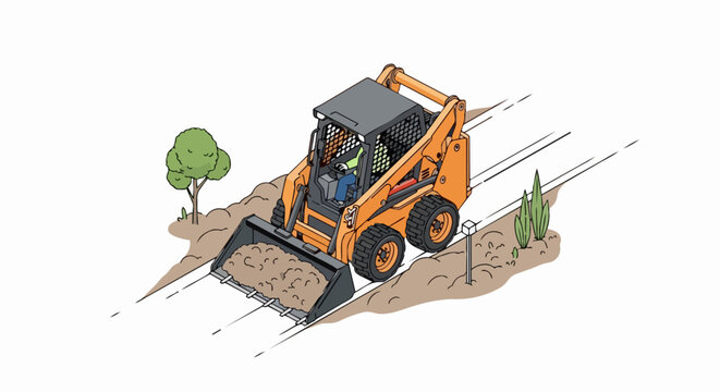 Isometric Illustration of an Orange Skid Steer Loader Moving Soil on a Construction Site