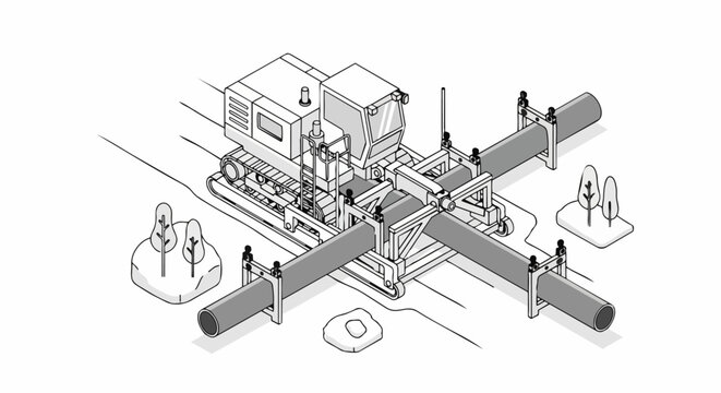 Isometric Line Art Illustration of Heavy Industrial Pipelayer Machinery Installing Pipeline