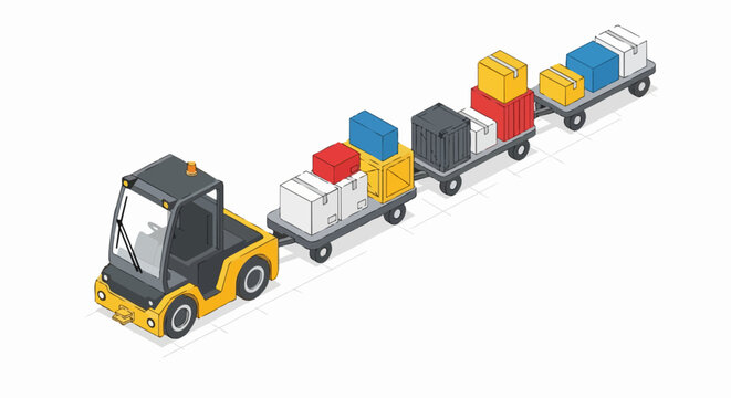 Isometric Logistics Tugger Vehicle Towing Trailers with Cargo Boxes and Crates, Industrial Warehouse Transportation Concept