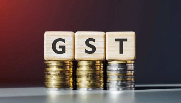 Wooden blocks with the letters gst on stacks of coins against a dark background