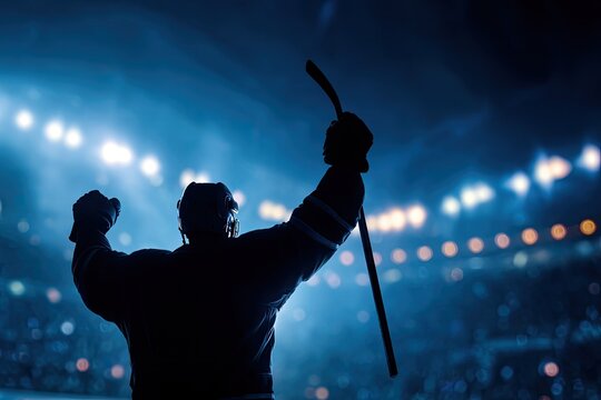 Silhouette of a triumphant hockey player celebrating victory under stadium lights