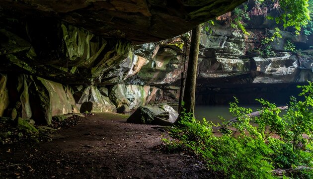 Rocky overhang views a wooded area by water; rock textures & foliage fill the frame in natural light