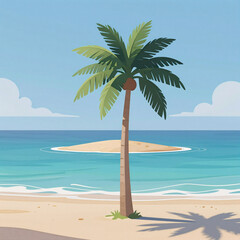 Fototapeta premium Mecha Sea Island. Desert Island With Palm Tree In Blue Sea Ocean, Minimalist Cartoon Illustration