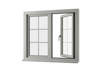 Obraz premium Modern grey upvc double casement window with a divided light grid pattern and a single open pane