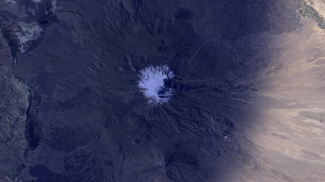 Vertical sunrise timelapse over Mount Ararat Turkey snow covered volcano satellite view from space based on Nasa imagery
