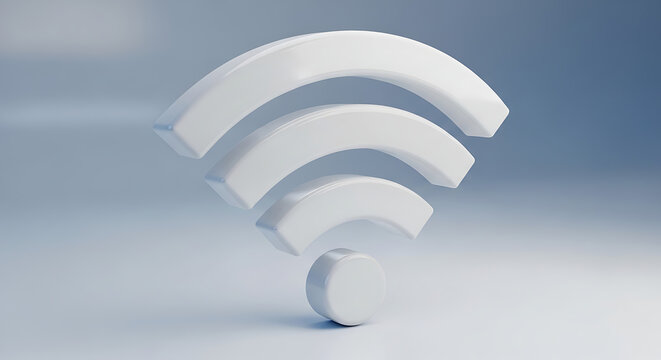 A prominent three-dimensional white WiFi symbol with radiating arcs, indicating wireless connectivity and network access on a light background.