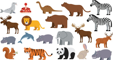 Obraz premium Cute Wild Animals Vector Illustration Set Featuring Lion, Zebra, Bear, Elephant, Panda, Tiger, Deer, Dolphin, Rabbit, and More in Flat Cartoon Style.