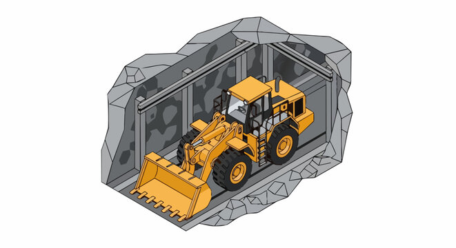 Yellow Wheel Loader in Underground Mine Tunnel Isometric Vector Illustration