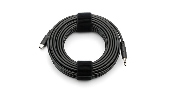 Coiled black audio cable with USB and headphone jack connectors neatly wrapped transparent background