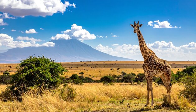 A tall giraffe stands in a savanna setting with dry grass and a mountain. The sky is bright blue with scattered clouds