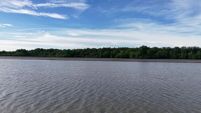 Calm body of water with a few trees in the background. The sky is clear and blue