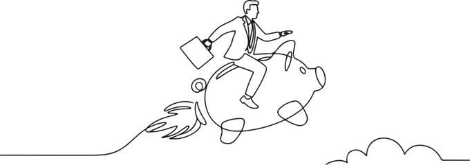 Obraz premium Continuous one line drawing businessman riding piggy bank rocket flying in the sky. Saving money concept. One line draw graphic design vector