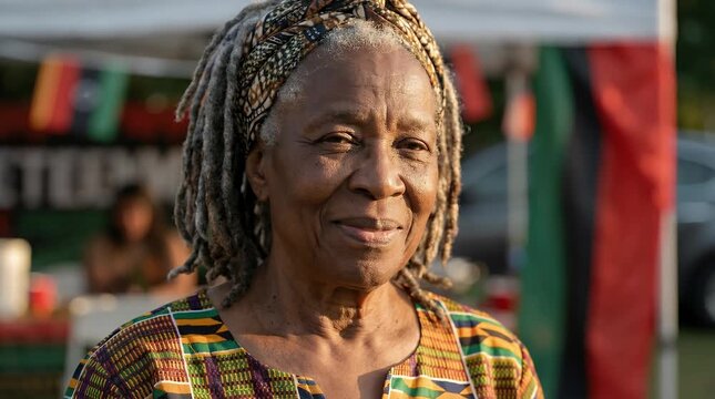 An older Black woman with dreadlocks smiles gently, wearing a vibrant patterned shirt outdoors, with a Pan-African flag visible in the background.