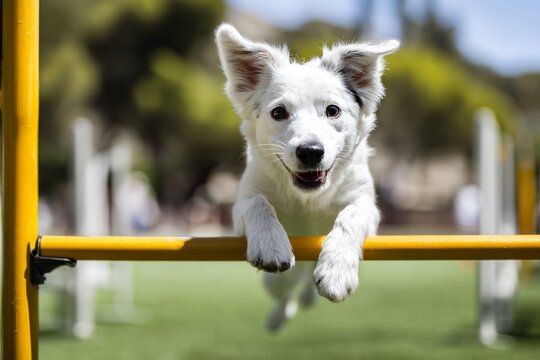 White dog jumps over yellow bar during agility training on grassy field