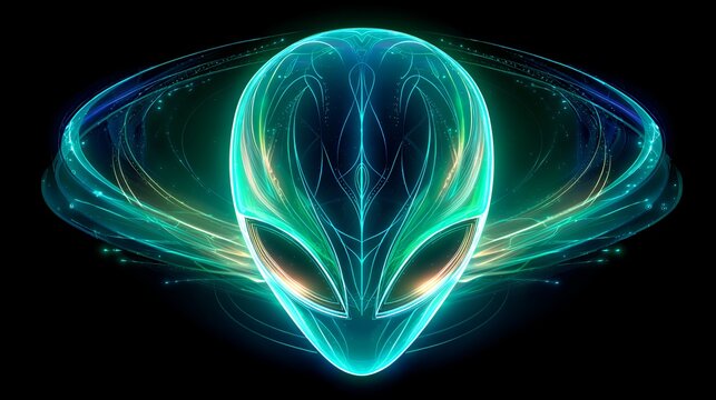 Glowing alien head artwork with vibrant neon lights