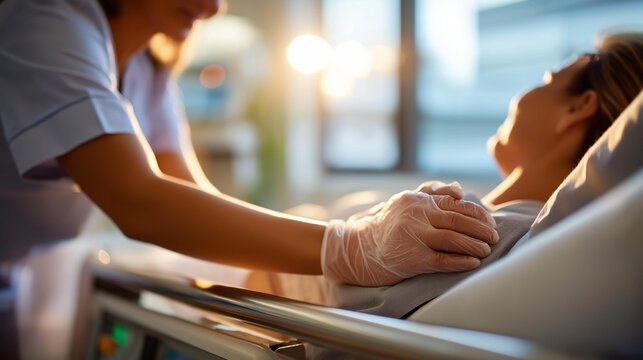 Close up of hands gently repositioning a patient in a hospital bed to prevent pressure sores the gloved hands at the patient's shoulder and hip area the bed's positioning