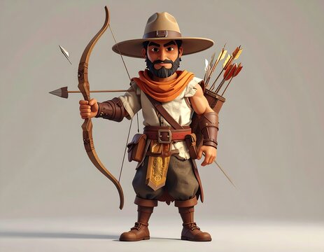 A stylized cartoon archer with a beard and hat, holding a bow and arrow, with a quiver of arrows