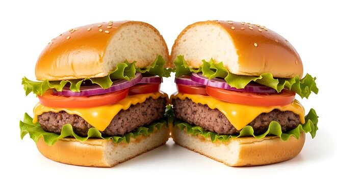 Hamburger with cheese beef tomato lettuce and bacon isolated on a clean white background
