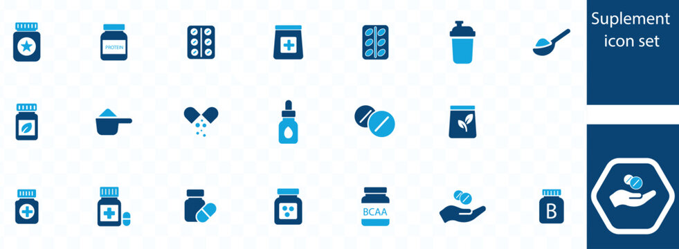 A collection of blue vector icons depicting various vitamin supplement and medicinal product representations high quality professional detailed modern elegant stylish clean crisp
