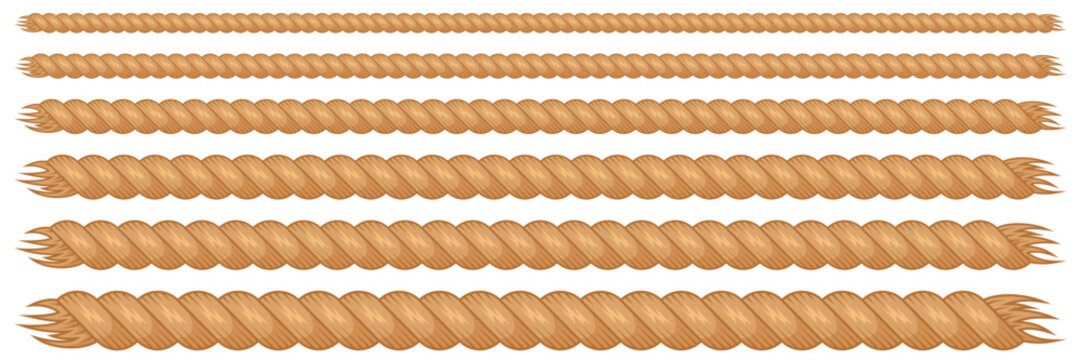 Rope string patterns, set of braid thin and thick borders made of brush. Cowboy or nautical, marine knit cords. Western decorative textured cables. Vector illustration isolated on white background
