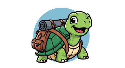 Obraz premium A cartoon turtle with a backpack and sleeping bag on its back.