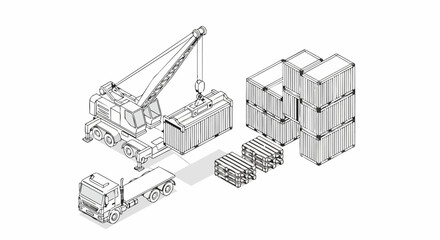 Fototapeta premium Isometric Logistics and Shipping Line Art Illustration Featuring Cargo Crane, Delivery Truck, and Containers