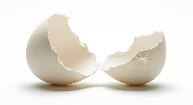 Cracked eggshell halves standing upright on white surface transparent background