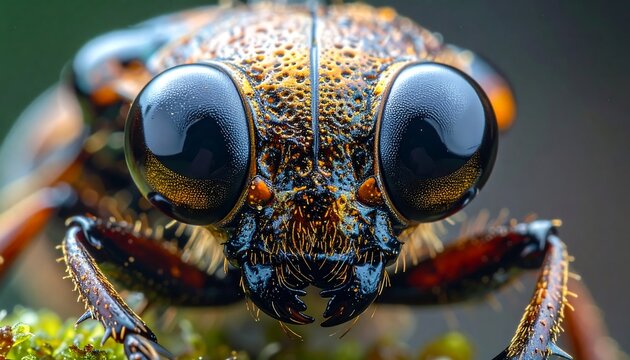 A striking close-up showcases a bizarre insect's face, featuring enormous, glossy, compound eyes. Its textured head displays intricate detail and vibrant coloration