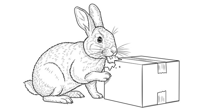 rabbit eating from cardboard box, black and white line drawing, isolated