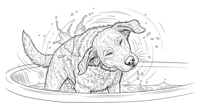 dog splashing in water, playful moment, black and white line art