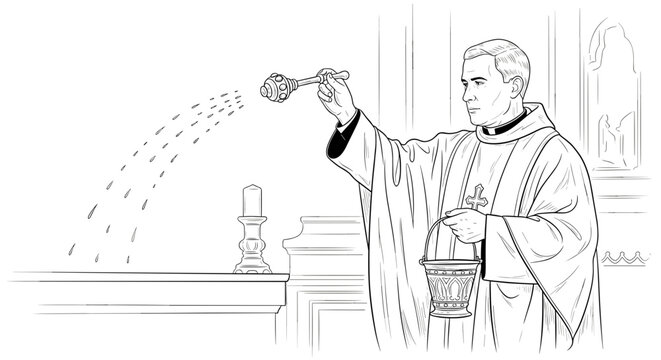 Catholic priest sprinkles holy water during blessing ceremony in church