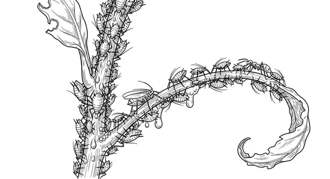 aphids infesting plant stem, detailed line drawing, agricultural pest, botanical illustration