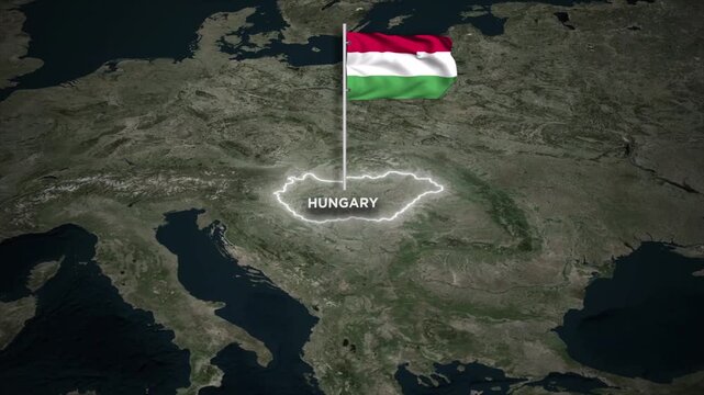 Hungary Map Animation with 3D Waving of Hungary National Flag and Glowing Border on World Map