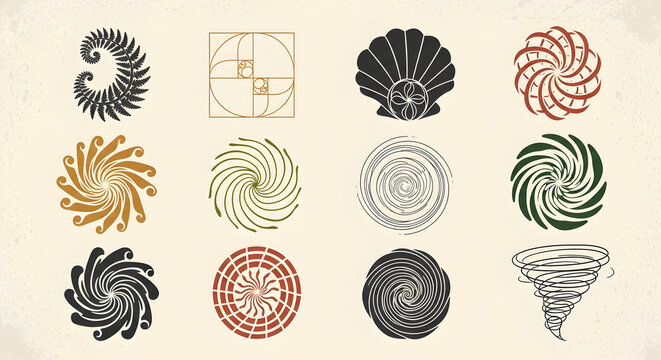 Collection of stylized swirl and spiral symbols, natural patterns and designs.