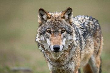 Fototapeta premium Intense stare from gray wolf in the wild with blurred green background