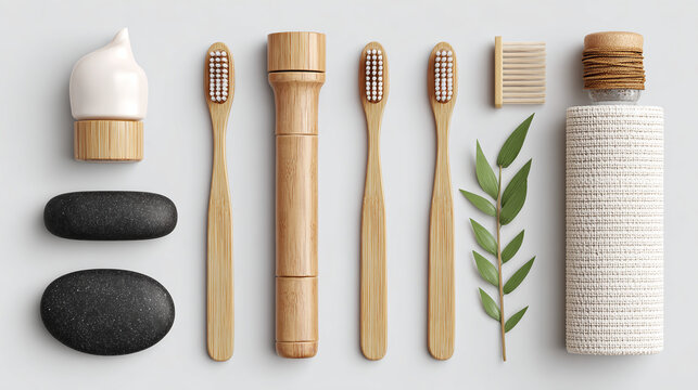 Natural bamboo toothbrush and skincare products arranged neatly on a light gray surface for wellness.