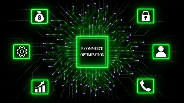 E-Commerce Optimization Technology Network concept with Data Security and Automation. Business, Technology, Internet and network concept. Abstract glowing green circuit board background. 4k video