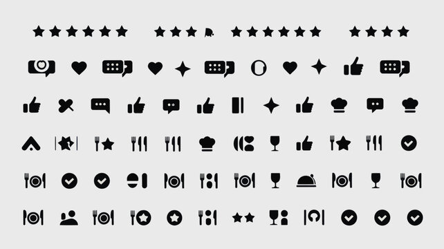 Set of 50 Black Social Media and Restaurant Rating Icons Vector