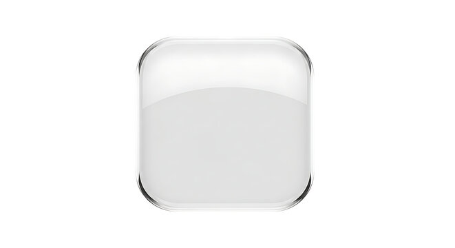 Empty transparent glass square button with rounded corners and glossy reflective surface for user interface design isolated on white background art.