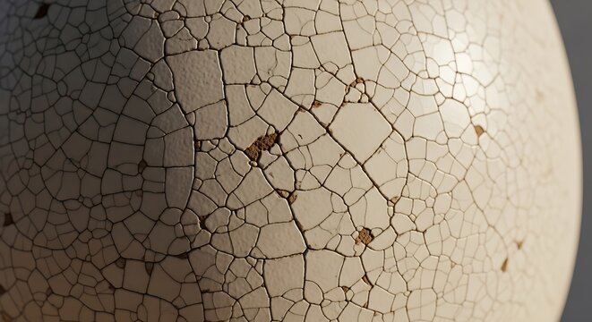 Close up of a cracked ceramic surface showing intricate web of fine lines and textures on a light background