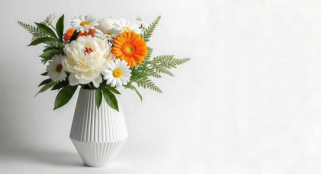 White vase with colorful flowers on white surface and background transparent background