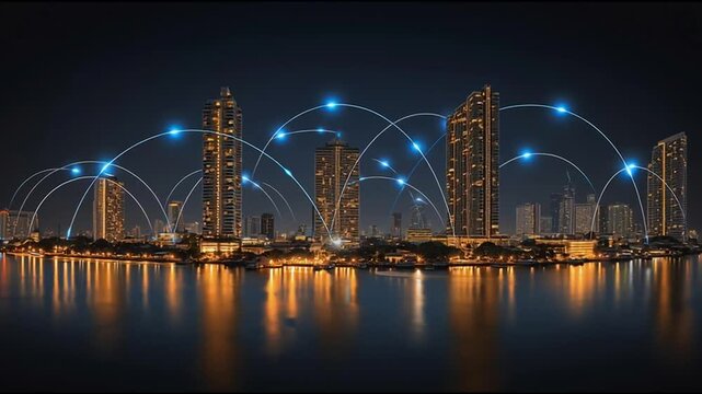 smart, digital, city, connection, network, reciprocity, cityscape, concept, future, wireless, social, media, networking systems, connects, people, double, exposure, waves, background, artificial intel